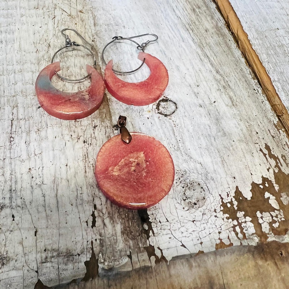 Vintage Boho Jewelry Set Pink Resin Earrings Pendant Retro